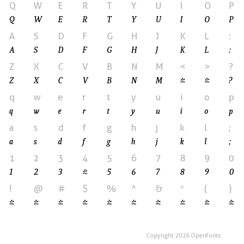 Character Map of FONTSPRING DEMO - Quiroga Serif Pro DemiBold Italic