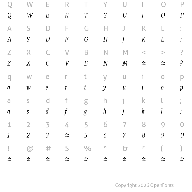 Character Map of FONTSPRING DEMO - Quiroga Serif Pro Italic