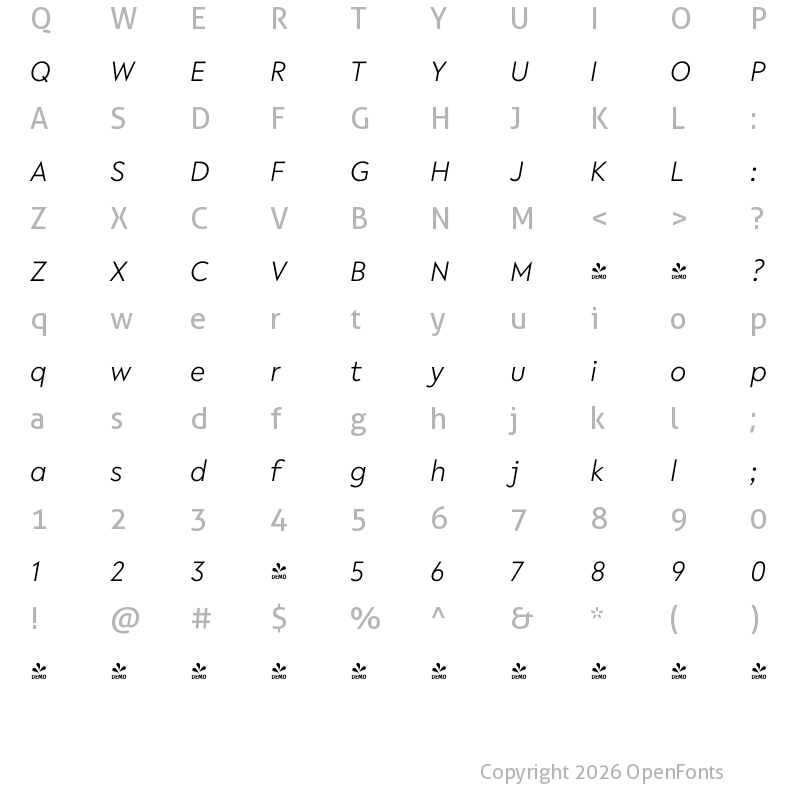 Character Map of FONTSPRING DEMO - R-Flex Light Italic