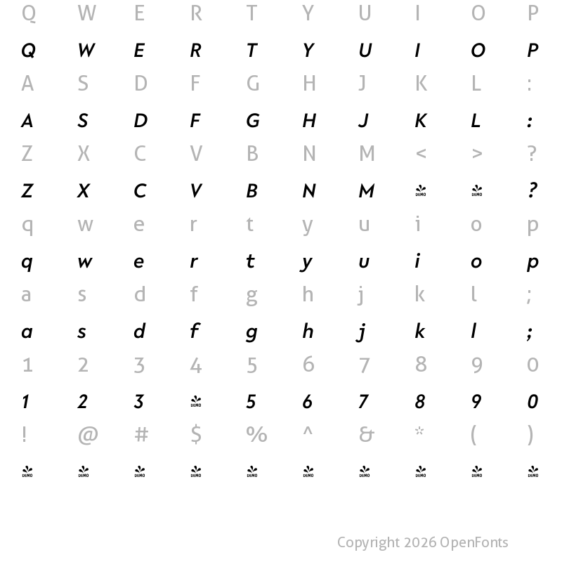 Character Map of FONTSPRING DEMO - R-Flex Medium Italic