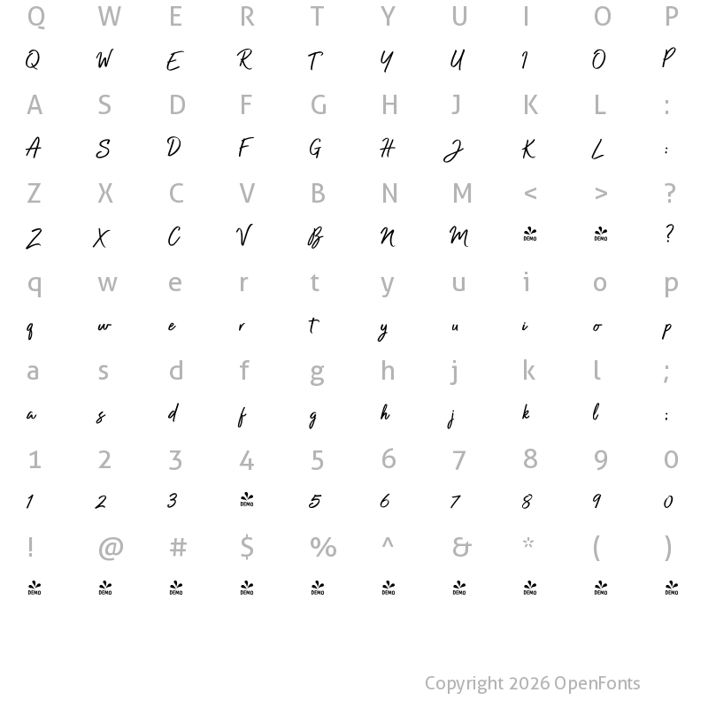 Character Map of FONTSPRING DEMO - Radiant Beauty Regular