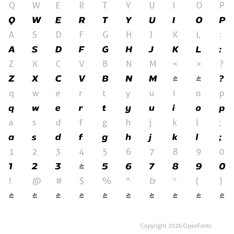 Character Map of FONTSPRING DEMO - Radiate Sans Bold Bold Italic