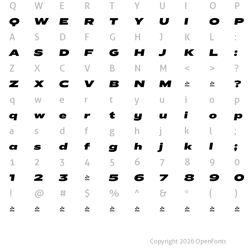 Character Map of FONTSPRING DEMO - Radiate Sans ExtraBold Expanded Bold Italic