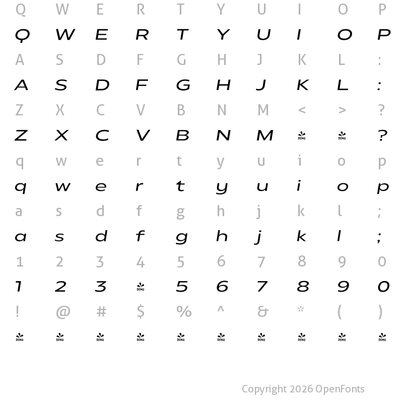 Character Map of FONTSPRING DEMO - Radiate Sans Semi Expanded Italic