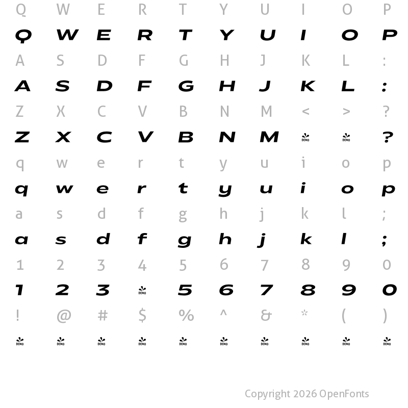 Character Map of FONTSPRING DEMO - Radiate Sans SemiBold Expanded Italic