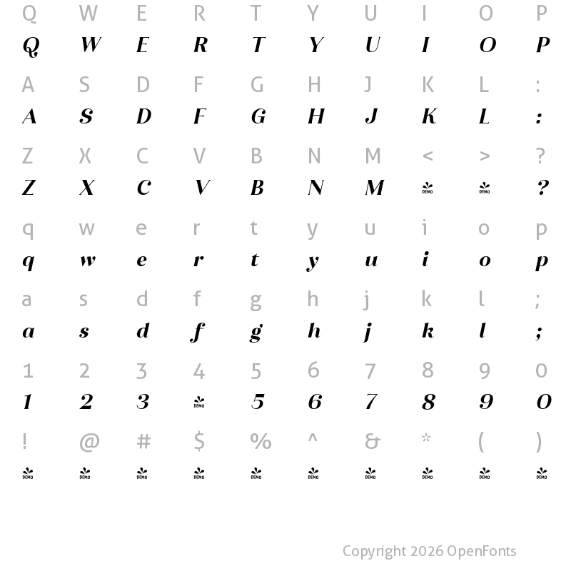 Character Map of FONTSPRING DEMO - Ragazzi Extra Bold Italic Regular