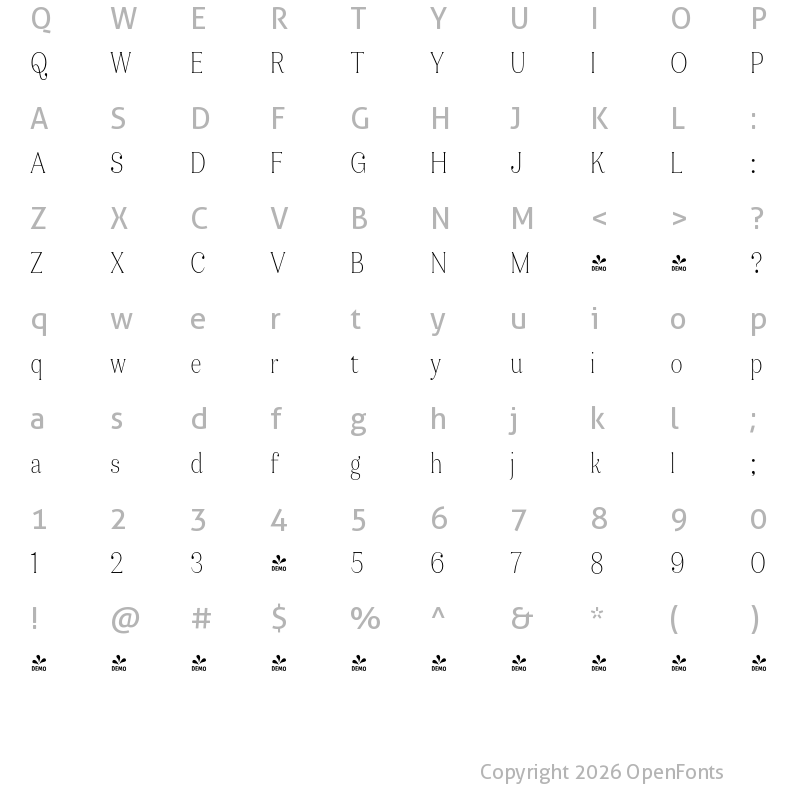 Character Map of FONTSPRING DEMO - Ragazzi Light Cond Regular