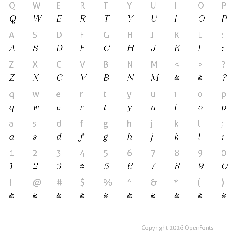 Character Map of FONTSPRING DEMO - Ragazzi Medium Italic Regular