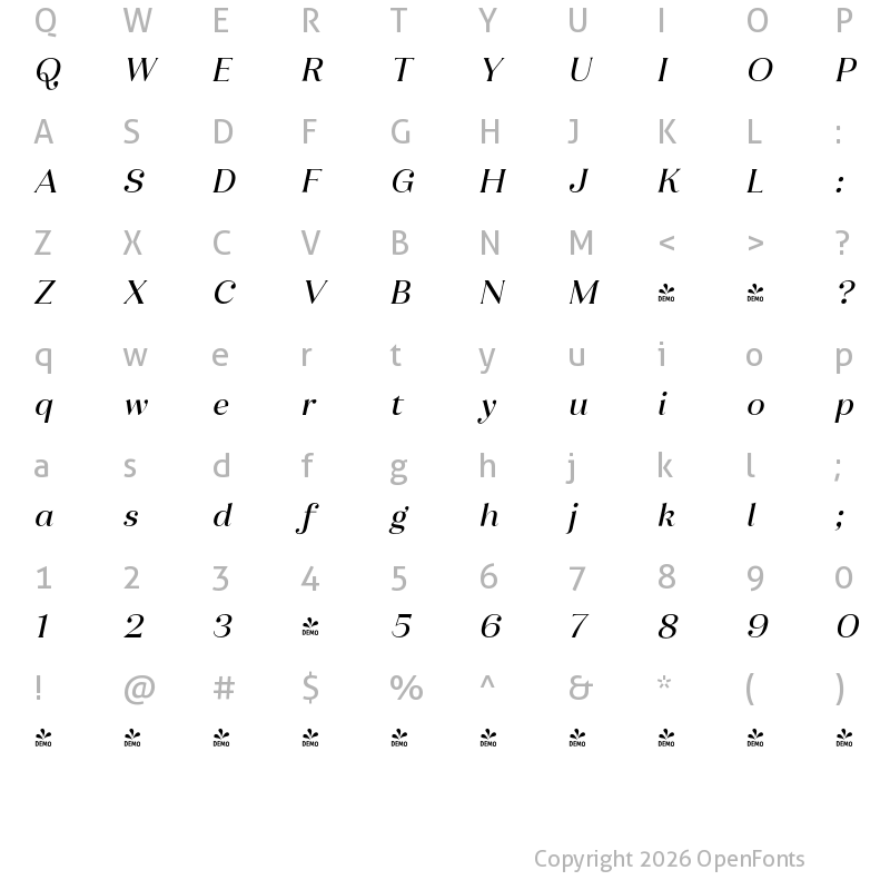 Character Map of FONTSPRING DEMO - Ragazzi Semi Bold Italic Regular