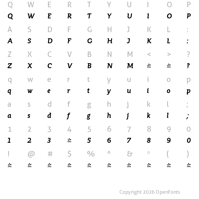 Character Map of FONTSPRING DEMO - Rahere Informal Bold Italic