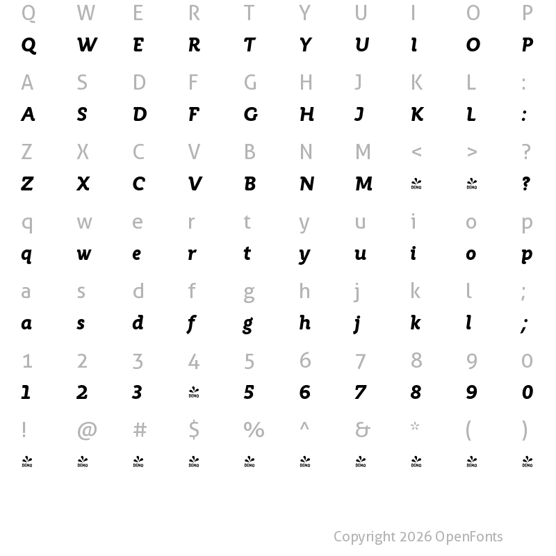 Character Map of FONTSPRING DEMO - Rahere Informal Extra Bold Italic