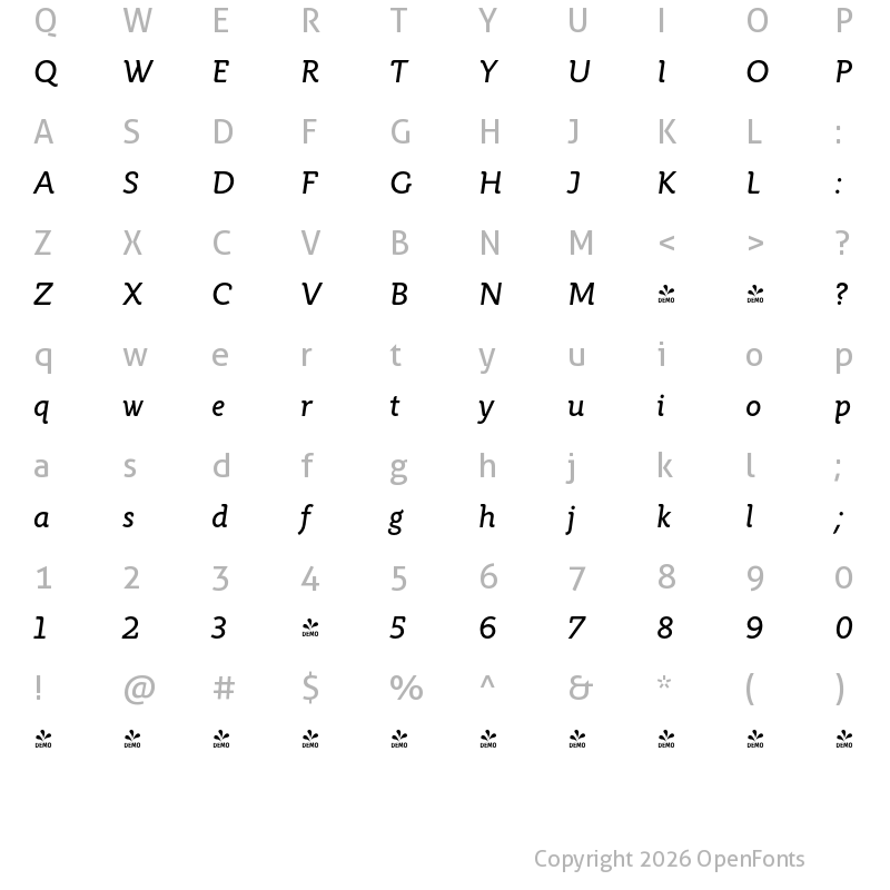 Character Map of FONTSPRING DEMO - Rahere Informal Medium Italic