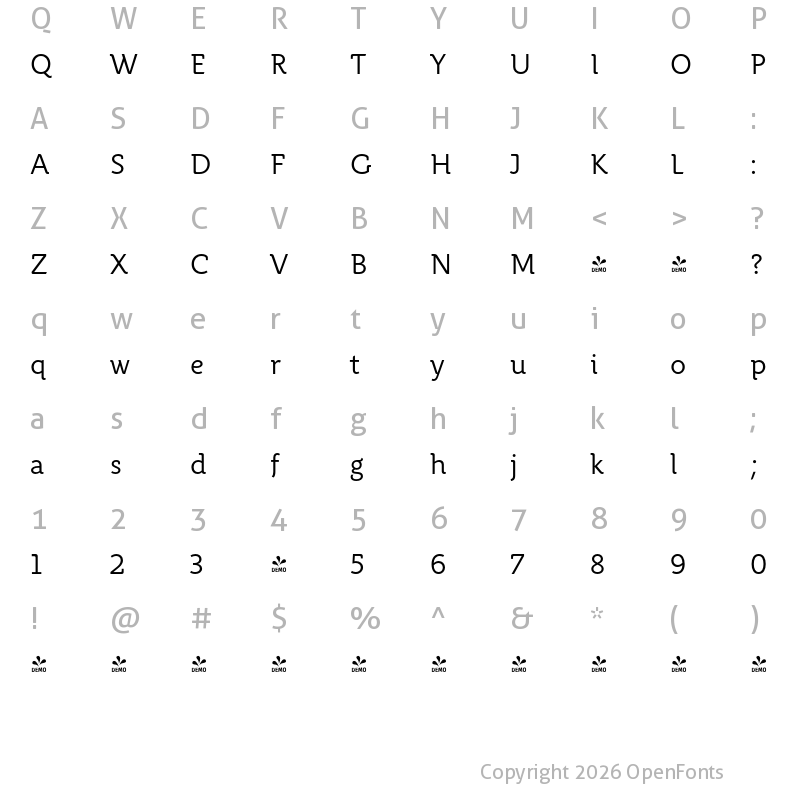 Character Map of FONTSPRING DEMO - Rahere Informal Regular