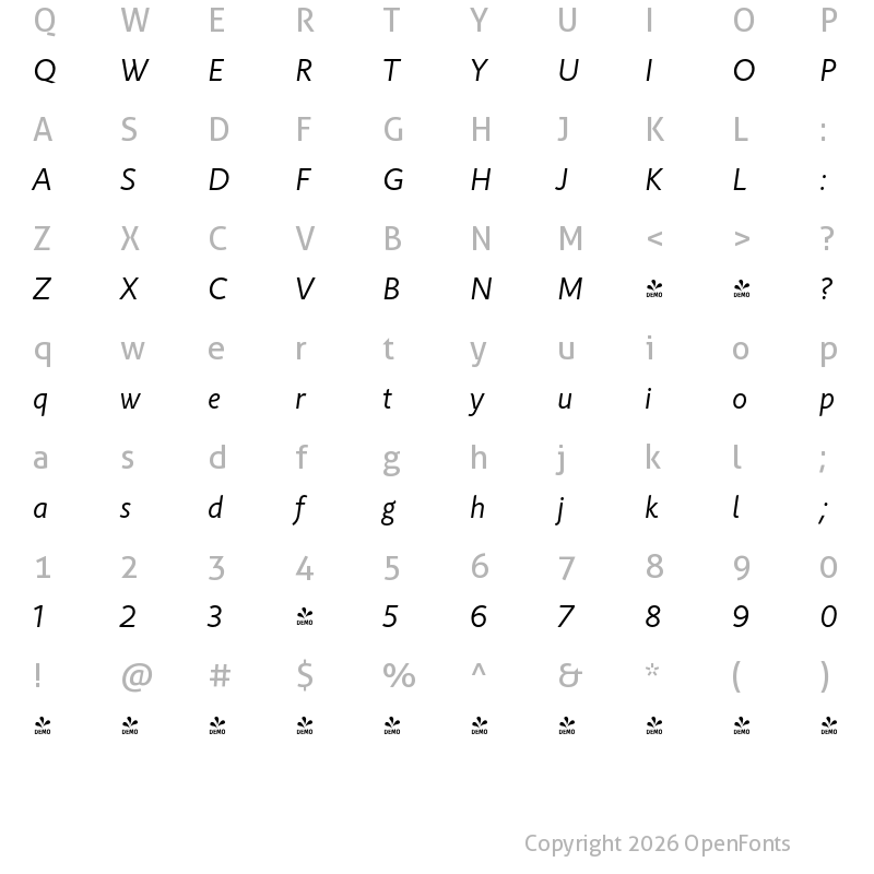 Character Map of FONTSPRING DEMO - Rahere Sans Italic