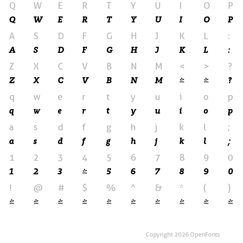 Character Map of FONTSPRING DEMO - Rahere Slab Extra Bold Italic