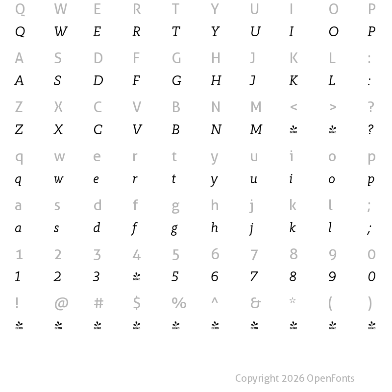 Character Map of FONTSPRING DEMO - Rahere Slab Italic