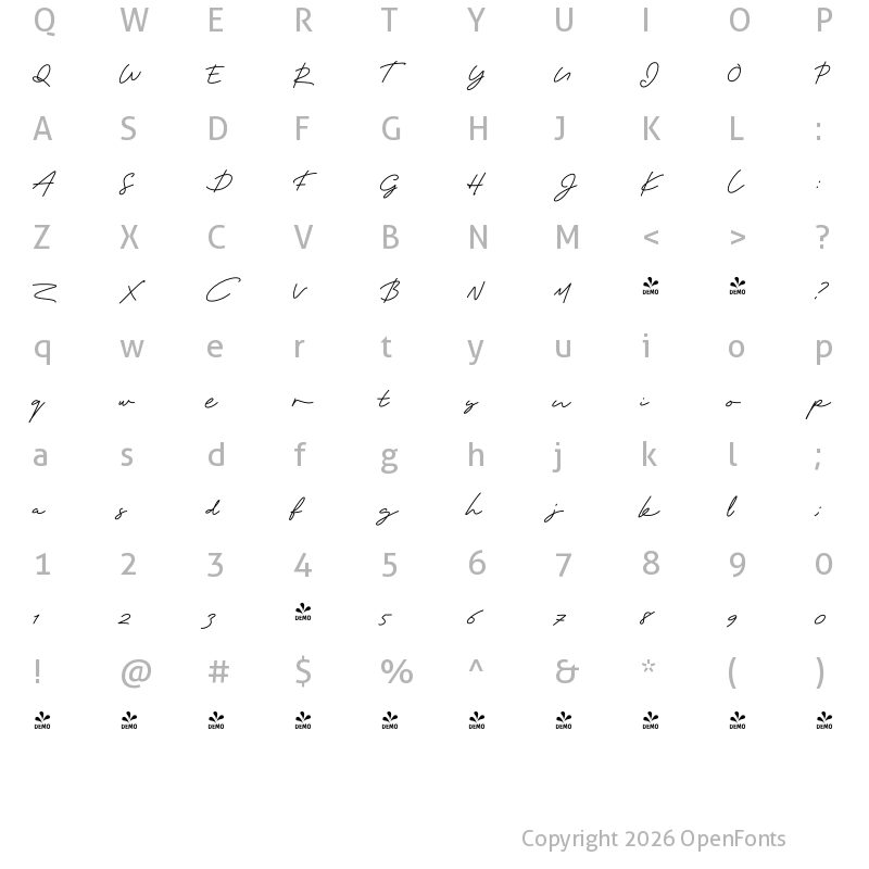 Character Map of FONTSPRING DEMO - Rainmaker Script Bold