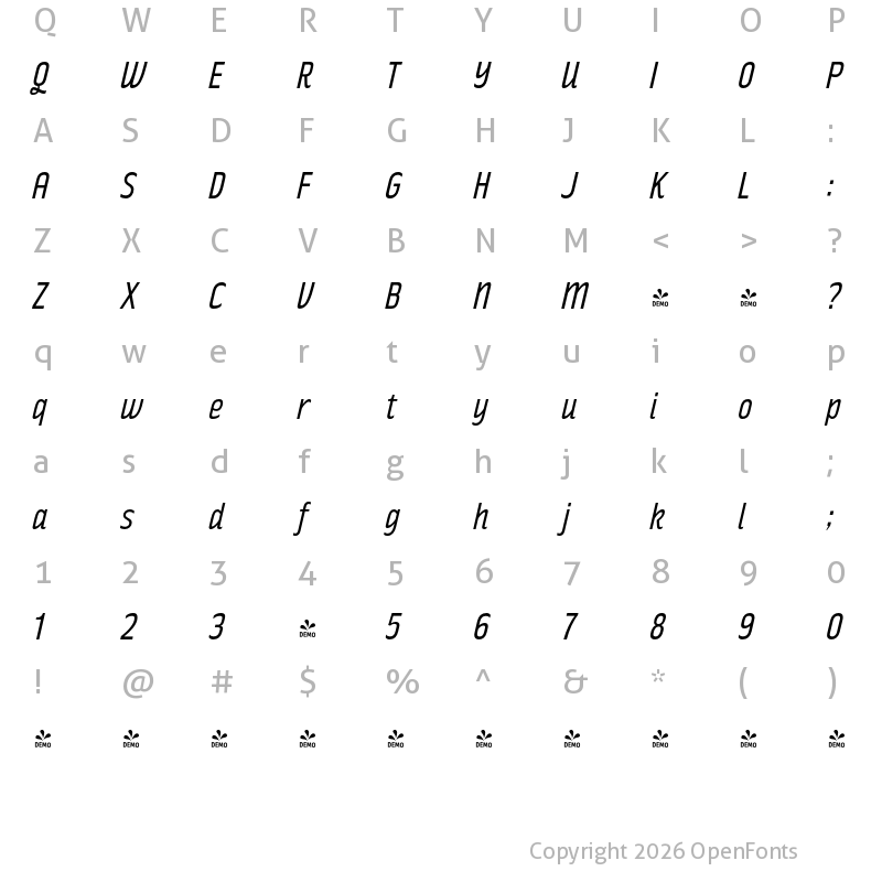 Character Map of FONTSPRING DEMO - Rakesly Bk Italic