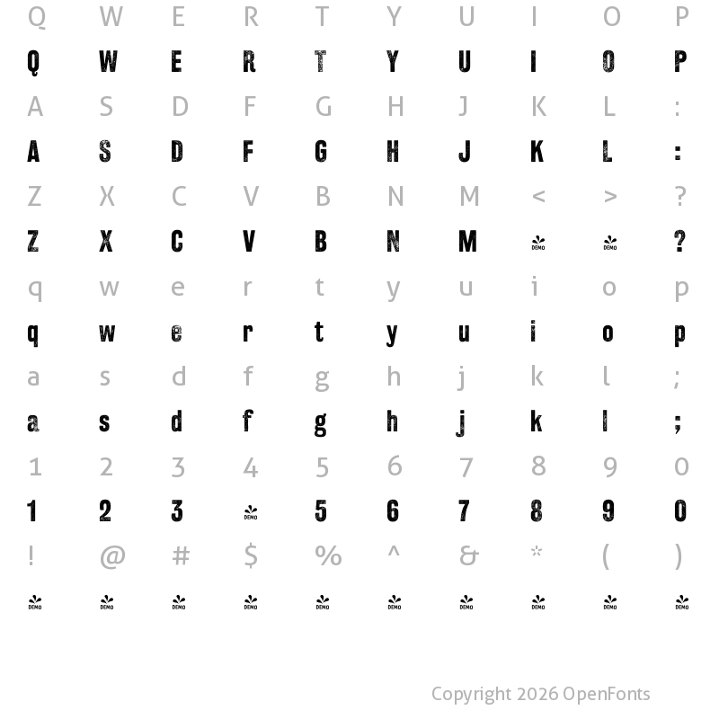 Character Map of FONTSPRING DEMO - Rakesly Iron Bold