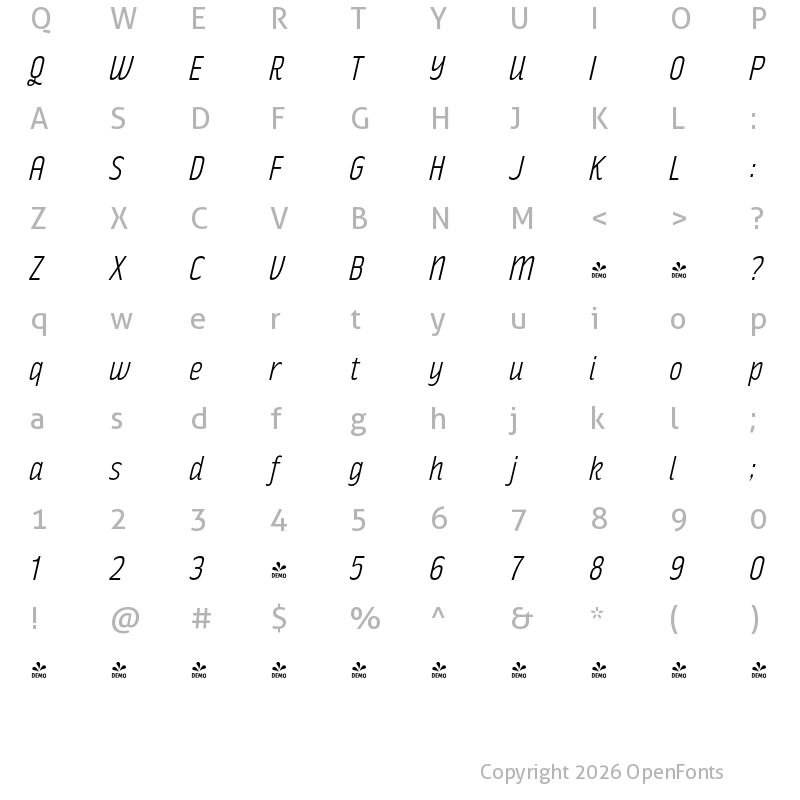Character Map of FONTSPRING DEMO - Rakesly Lt Italic