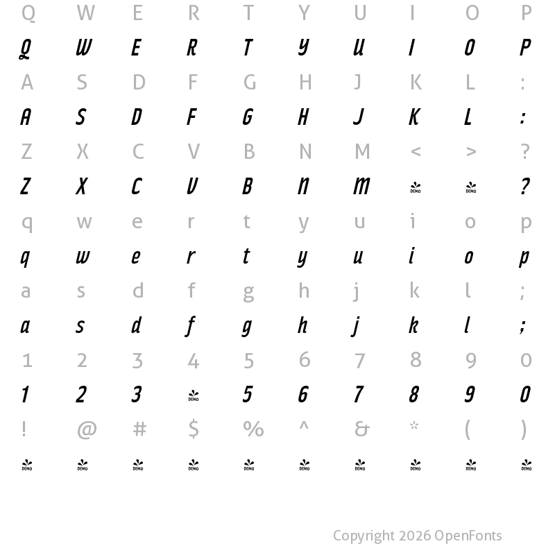 Character Map of FONTSPRING DEMO - Rakesly Rg Italic
