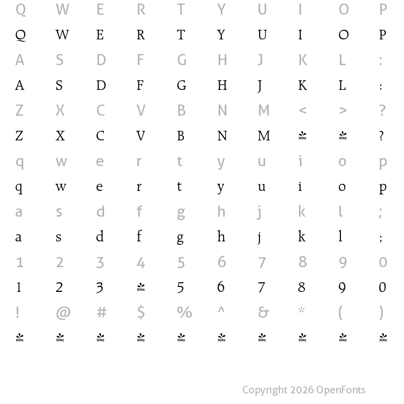 Character Map of FONTSPRING DEMO - Raleigh BT Light Regular