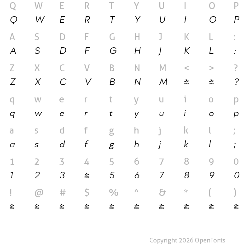 Character Map of FONTSPRING DEMO - Rapor Light Italic