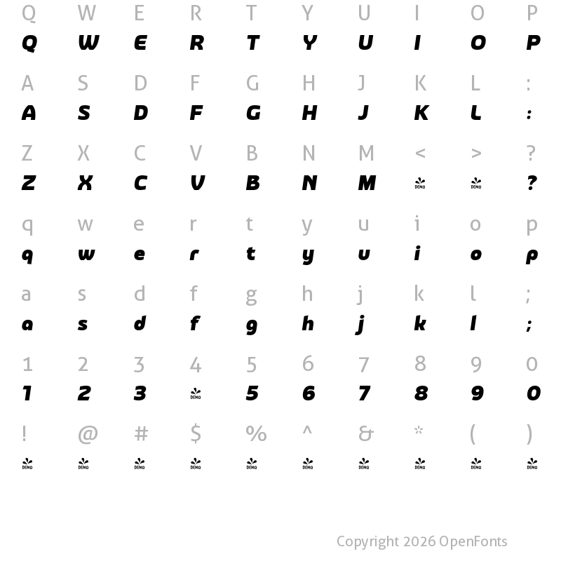 Character Map of FONTSPRING DEMO - Rasane Black Italic