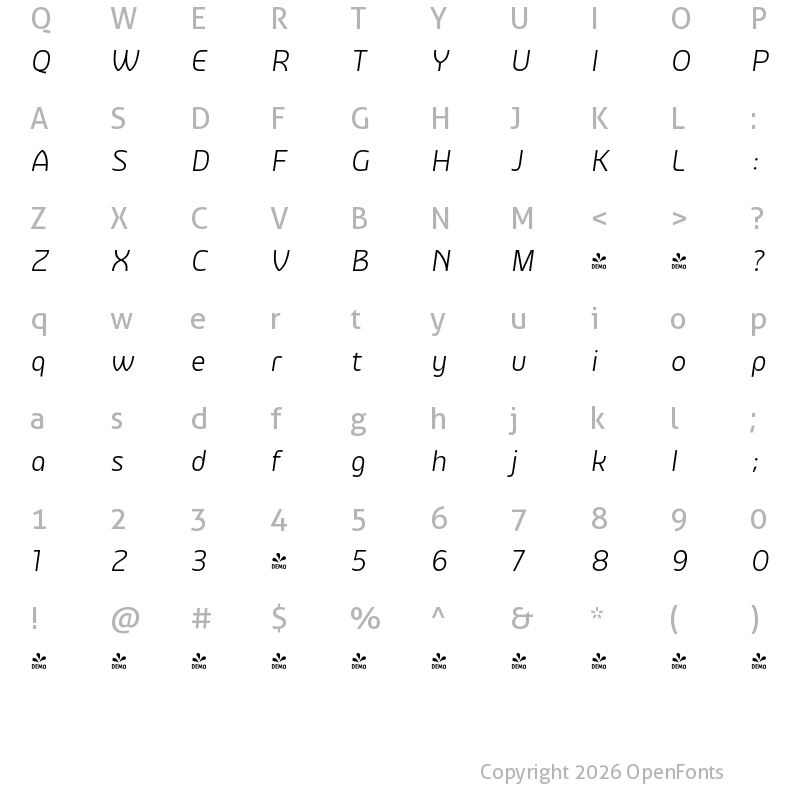 Character Map of FONTSPRING DEMO - Rasane Light Italic