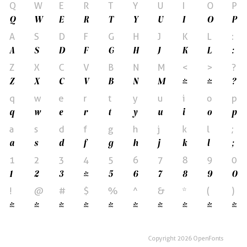 Character Map of FONTSPRING DEMO - Rasbern Bold Italic