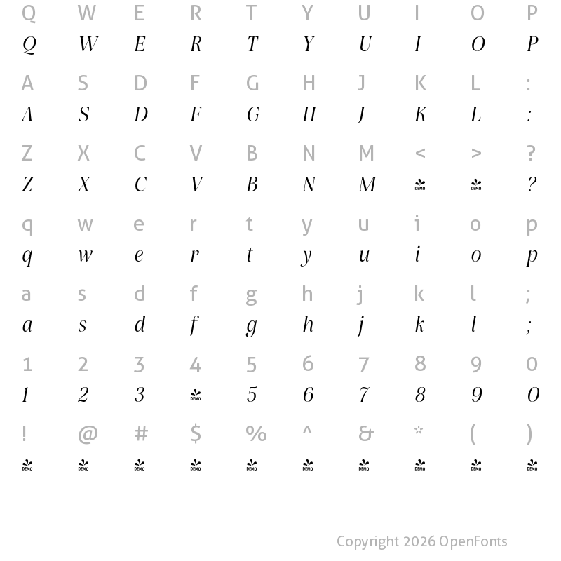Character Map of FONTSPRING DEMO - Rasbern Italic