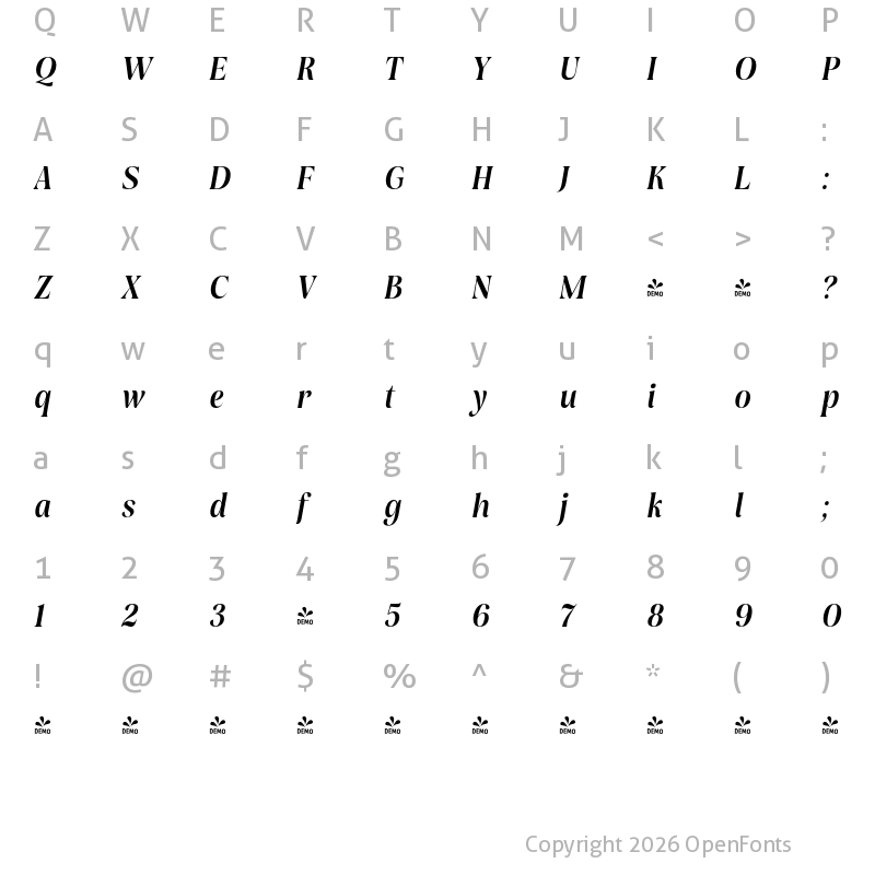 Character Map of FONTSPRING DEMO - Rasbern SemBd Italic