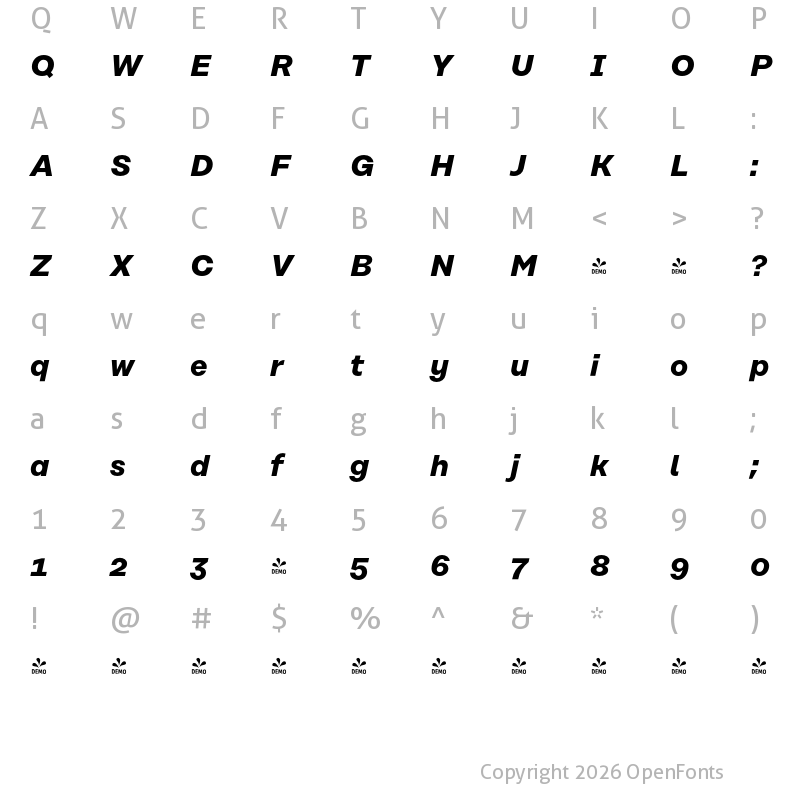 Character Map of FONTSPRING DEMO - Rational Text Book Bold Italic
