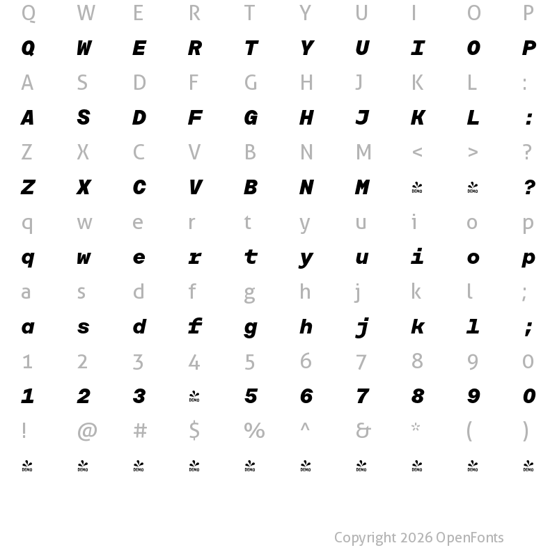 Character Map of FONTSPRING DEMO - Rational TW Display ExtraBold Italic