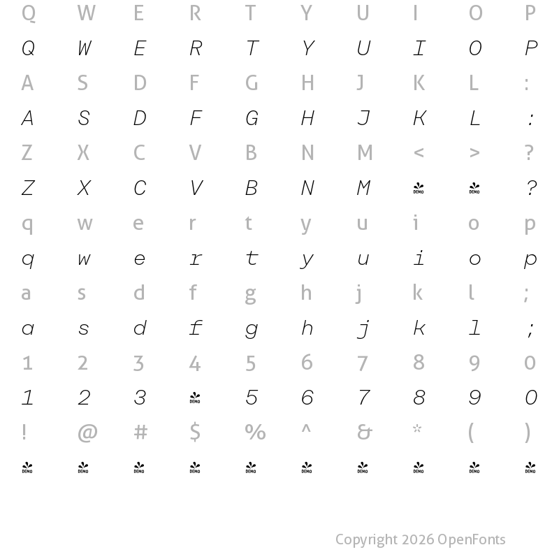 Character Map of FONTSPRING DEMO - Rational TW Display ExtraLight Italic