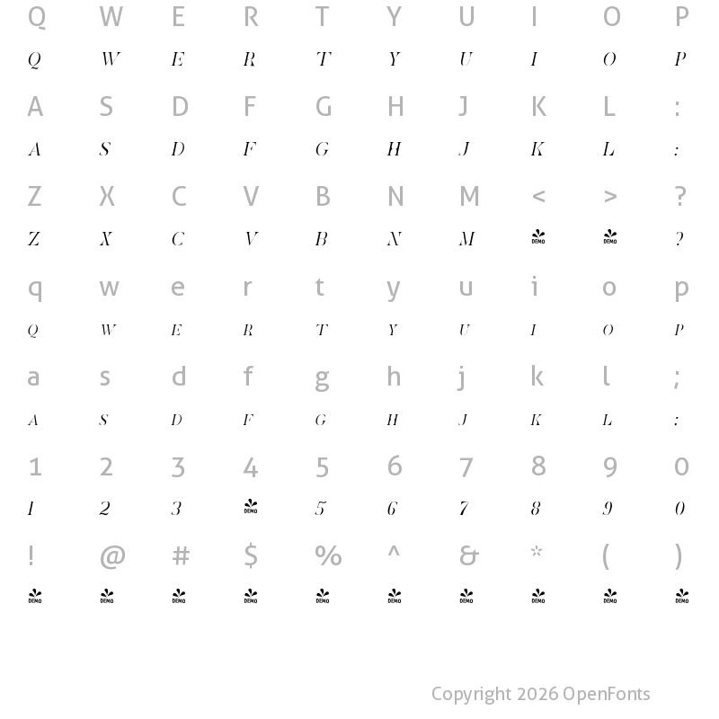 Character Map of FONTSPRING DEMO - Raxsoen Italic