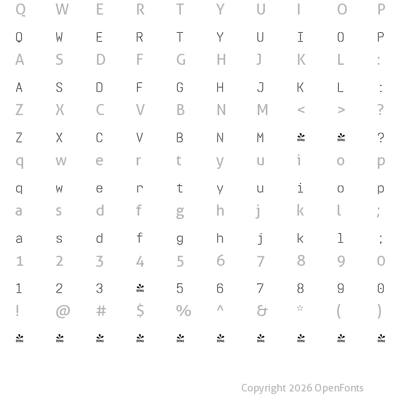 Character Map of FONTSPRING DEMO - Realtime Stencil Light Regular