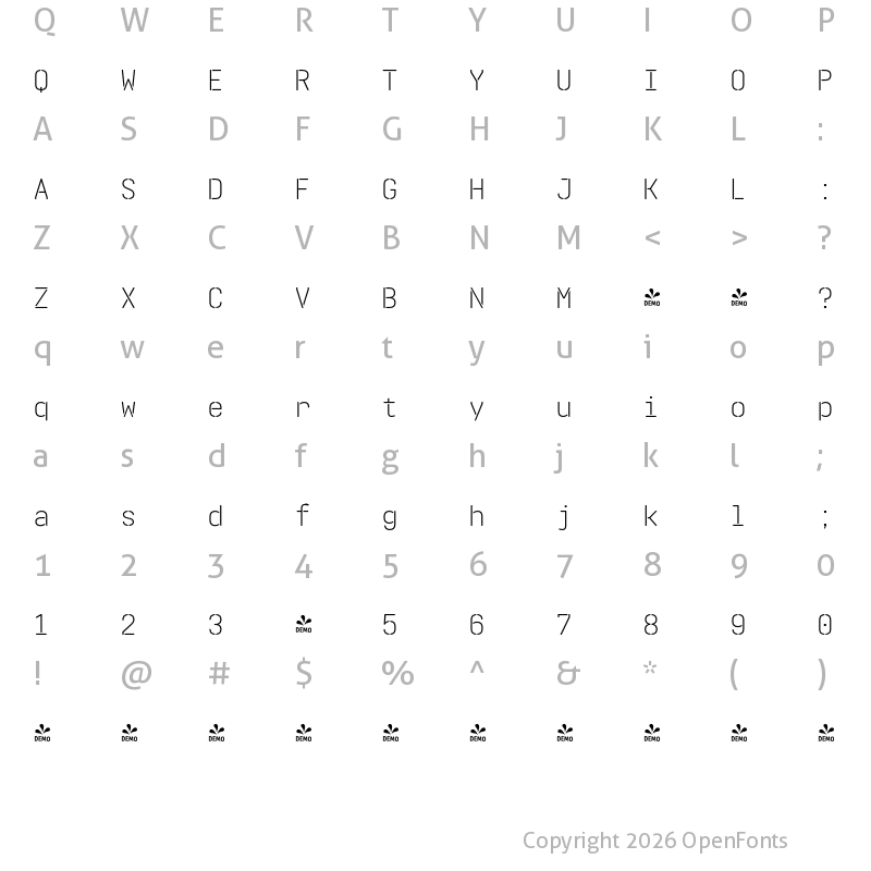 Character Map of FONTSPRING DEMO - Realtime Stencil Rounded Light Regular