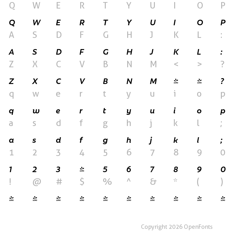 Character Map of FONTSPRING DEMO - Rebrand Dis Bold it Regular