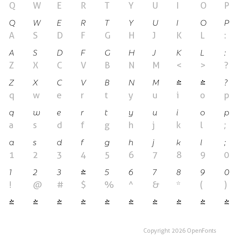 Character Map of FONTSPRING DEMO - Rebrand Dis Light it Regular