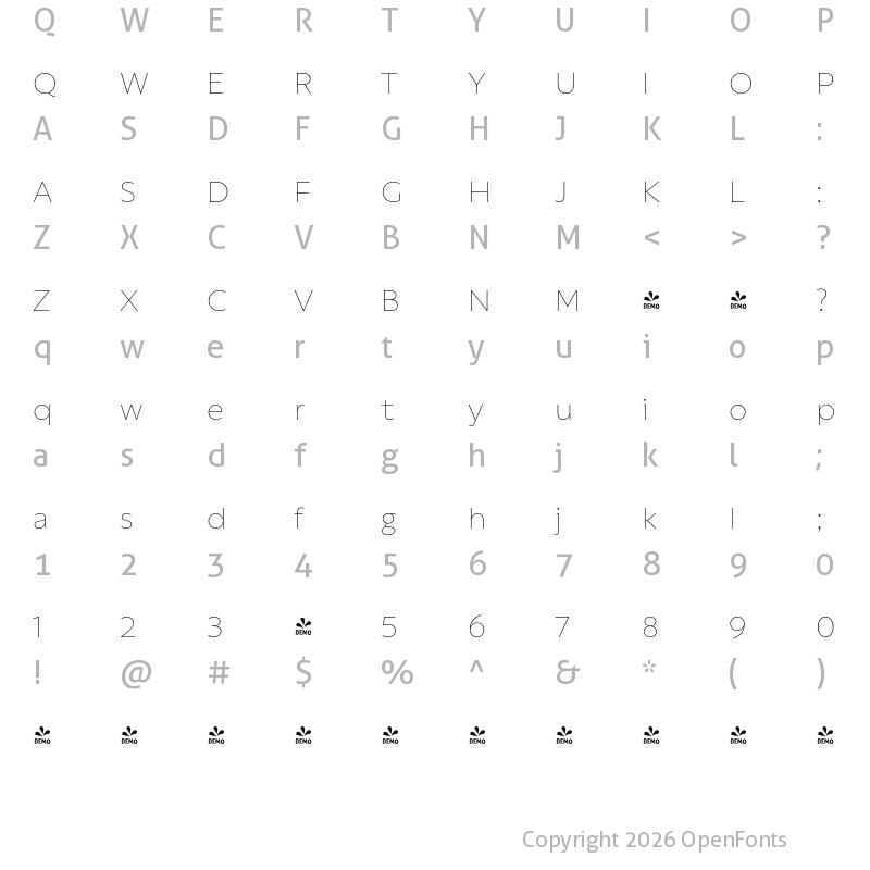Character Map of FONTSPRING DEMO - Rebrand Txt ExLight Regular