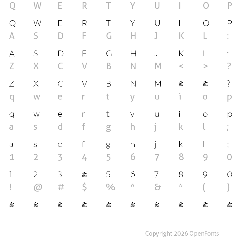 Character Map of FONTSPRING DEMO - Rebrand Txt Light Regular