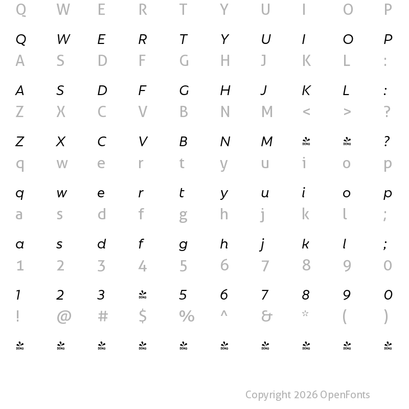 Character Map of FONTSPRING DEMO - Rebrand Txt Medium it Regular
