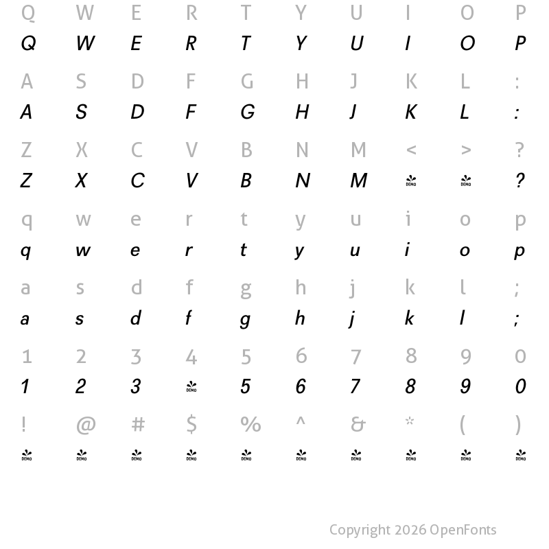 Character Map of FONTSPRING DEMO - Recta Medium Italic