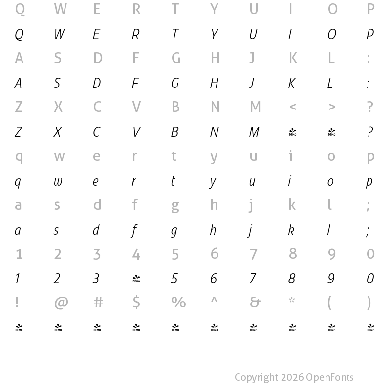 Character Map of FONTSPRING DEMO - Redonda Compressed Compressed Light It Regular