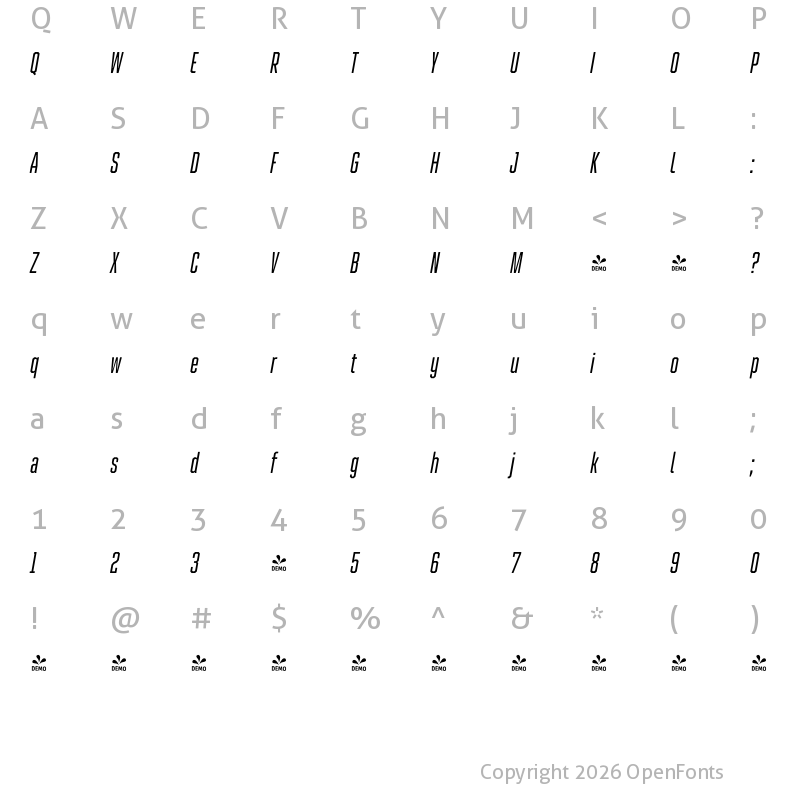 Character Map of FONTSPRING DEMO - Refinery 15 Italic Regular