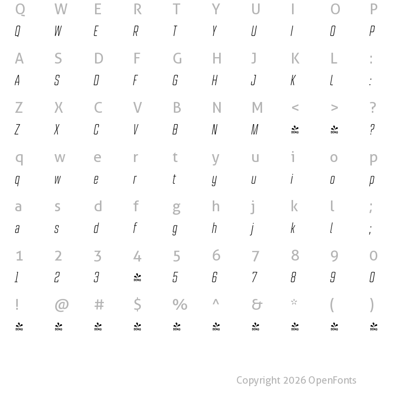 Character Map of FONTSPRING DEMO - Refinery 25 Light Italic Regular
