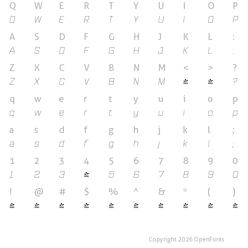Character Map of FONTSPRING DEMO - Refinery 75 Hairline Italic Regular