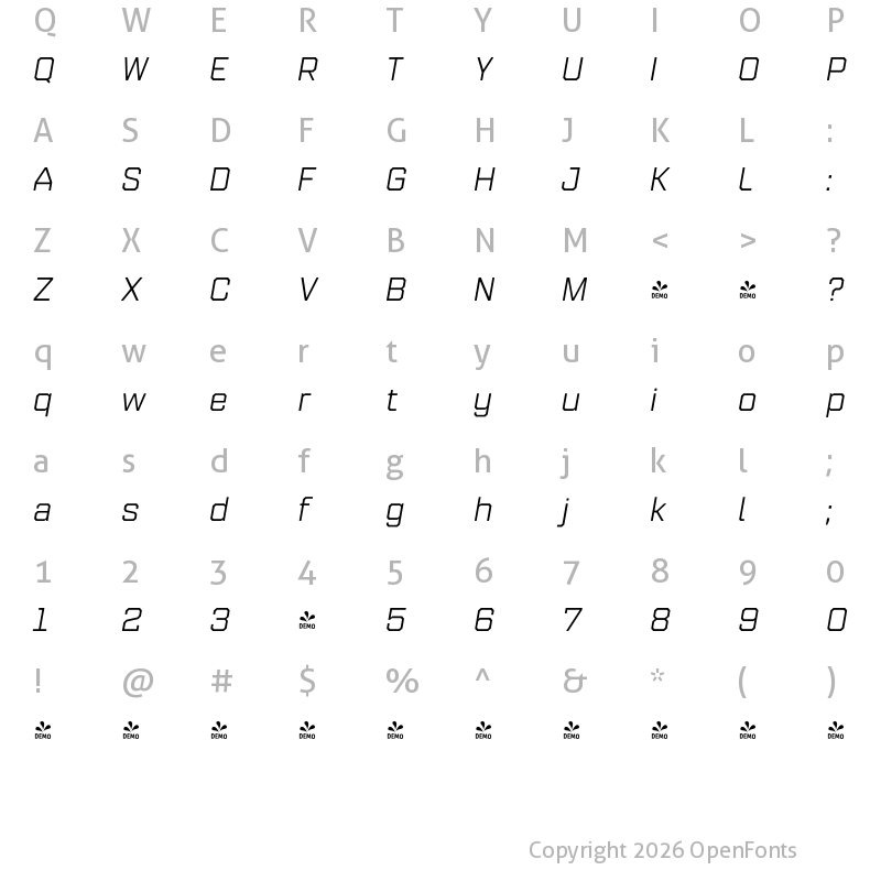 Character Map of FONTSPRING DEMO - Refinery 75 Italic Regular