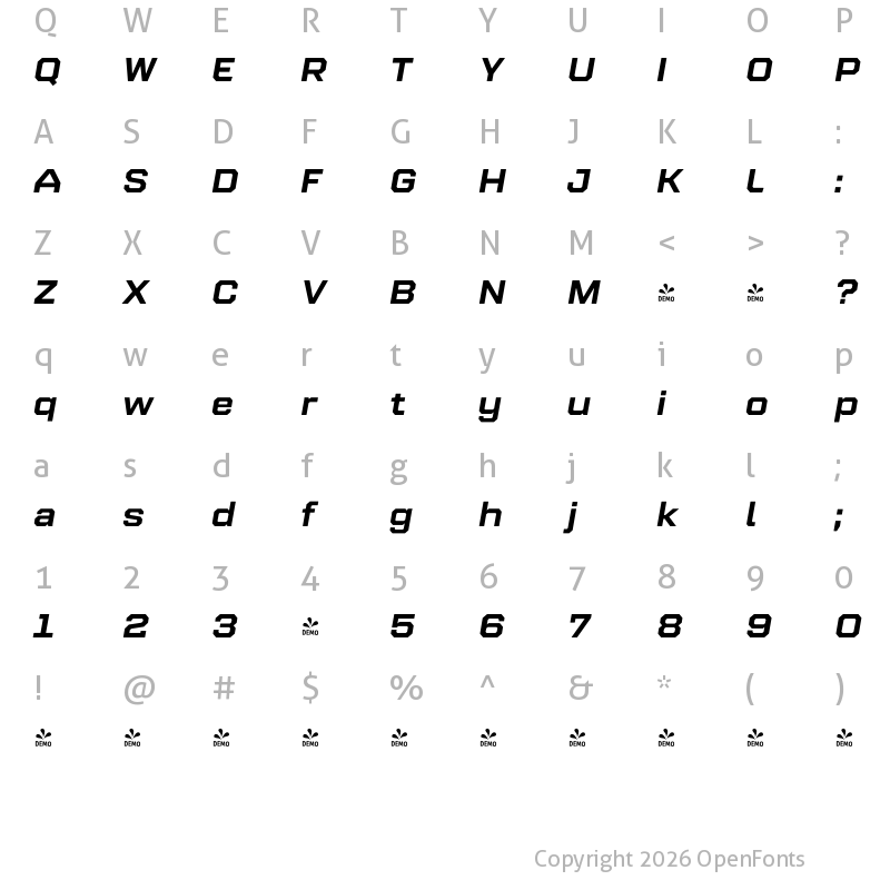 Character Map of FONTSPRING DEMO - Refinery 95 Bold Italic Regular